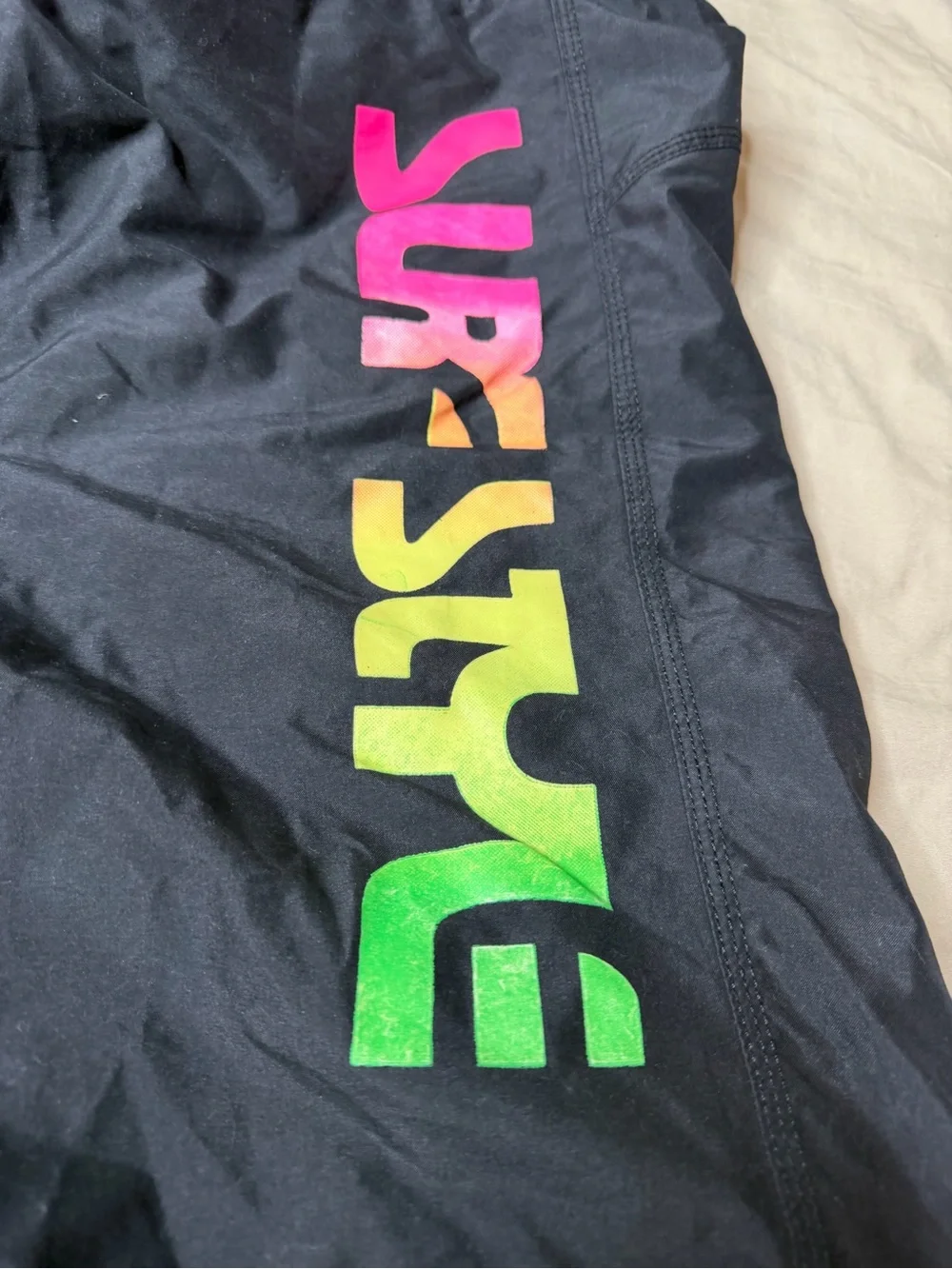 surf style Black Swim Board Shorts with Neon Gradient Logo